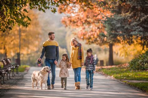 full length  happy family holding hands  walking  dog