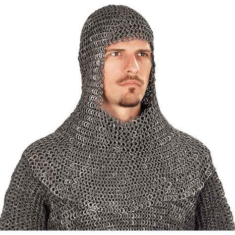 riveted dark aluminum chainmail coif  medieval collectibles