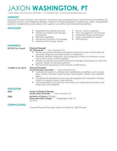 physical therapist resume  livecareer
