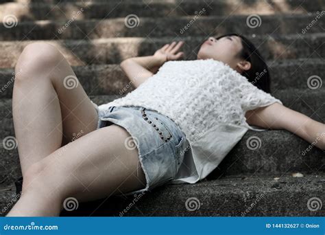 Beautiful Asian Woman Lying On Cement Steps Stock Image Image Of