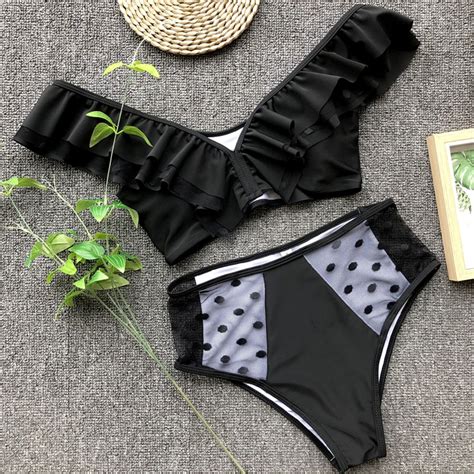 free shipping ruffled high waist bikini female polka dot