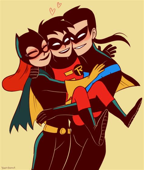 this is just cute nightwing batgirl and robin dc citizen by day