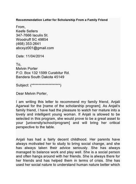 scholarship letter  recommendation template