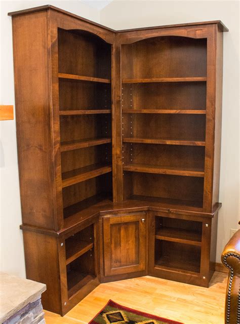 handmade rustic alder custom corner bookcase  brushbacks woodshop