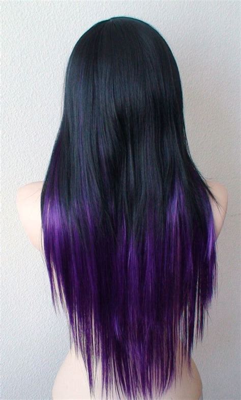 ombre wig black purple lace front wig long straight