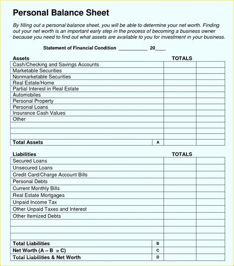 printable balance sheet template  personal small business