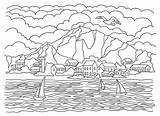 Paisagem Desenho Moun Bushes Sailboats Tranquility Ondas Molde Veleiros sketch template