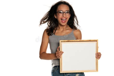 Happy Dark Skinned Woman Holding Empty Whiteboard Stock Image Image