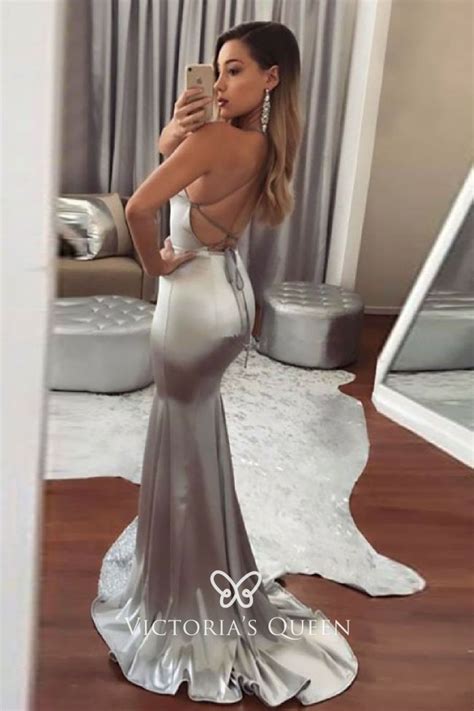 Silver Satin Slim Fit Mermaid Backless Long Prom Dress Vq