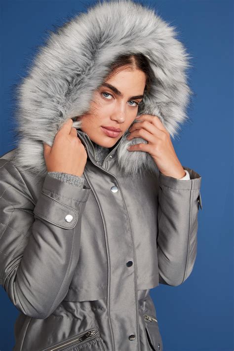 buy grey faux fur hooded parka    uk  shop
