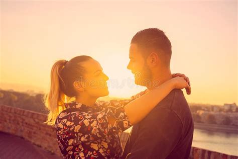 Loving Couple Enjoys At The Sunset Stock Image Image Of Beauty Kiss