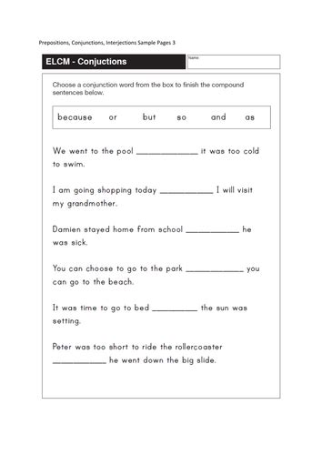 prepositions conjunctions  interjections teaching resources