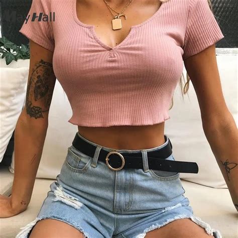 mayhall pink ribbed v neck t shirt women short sleeve sexy skinny crop