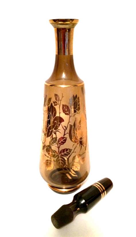 bohemia glass decanter  glasses smokey gold floral trim etsy