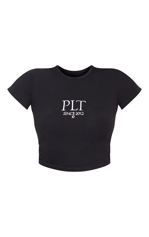 black plt slogan short sleeve cotton crop t shirt prettylittlething