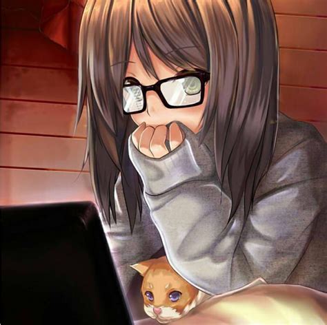 Hoodie Anime Girl With Brown Hair And Blue Eyes And Glasses
