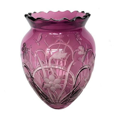 Vintage Amethyst Cut Glass Vase With Flowers And Bees
