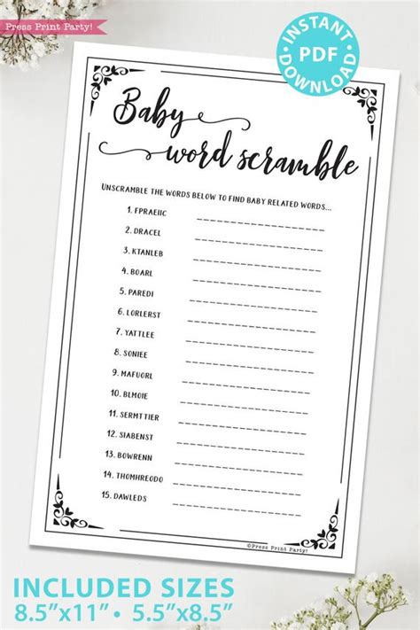 rustic baby shower games printable package press print party
