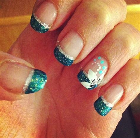 teal flower french tip nails teal flowers great nails french tip
