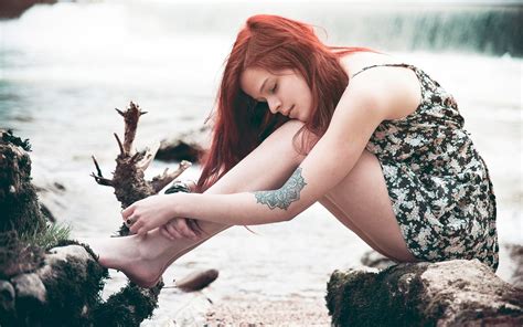 Wallpaper Women Outdoors Redhead Sea Barefoot Dress Tattoo