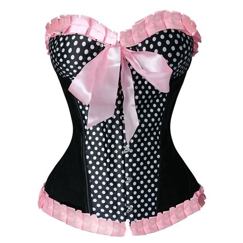 sexy black satin polka dots ruffle bustier overbust corset