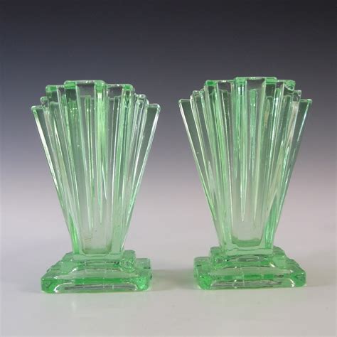 Bagley 334 Pair Of Art Deco 4 Green Glass Grantham Vases £61 75
