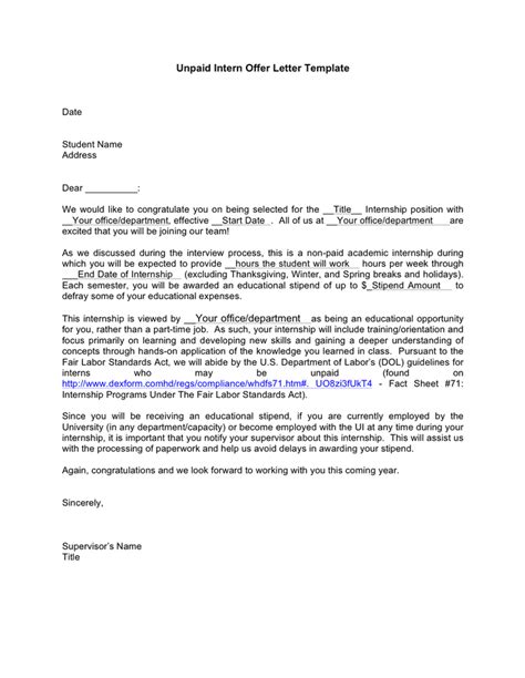 unpaid intern offer letter template  word   formats