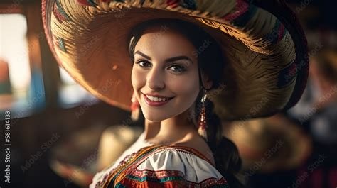 Portrait Of A Smiling Beautiful Mexican Woman Dancing Wearing A Mexican