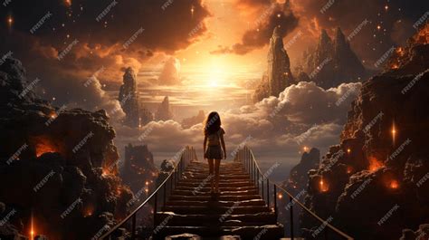 Premium Ai Image A Cute Girl Going Up A Stairway To Heaven