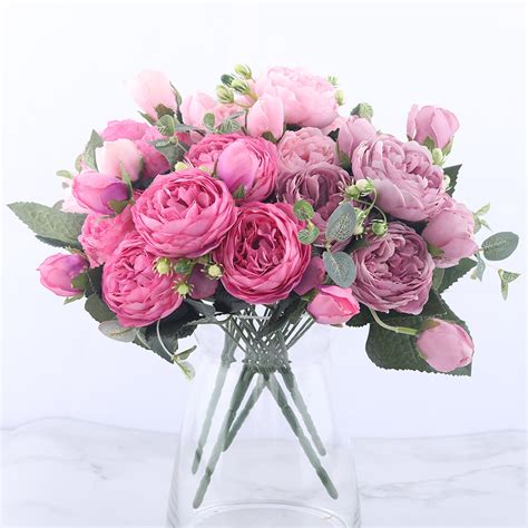 30cm rose pink silk peony artificial flowers bouquet 5 big head and 4