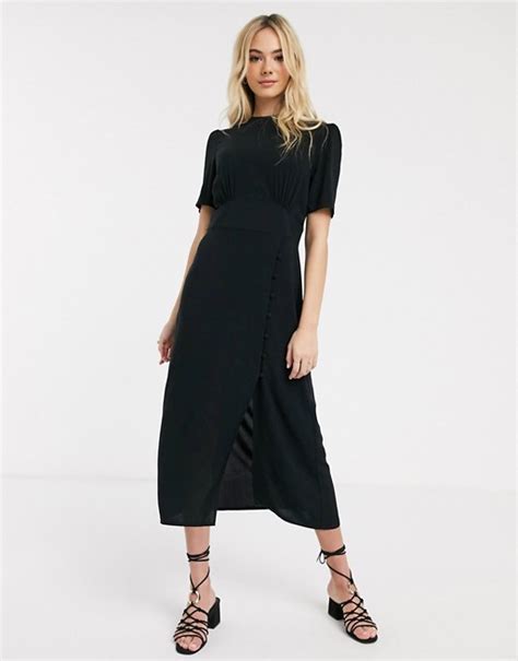 asos design midi jurk met knopen en split  zwart asos