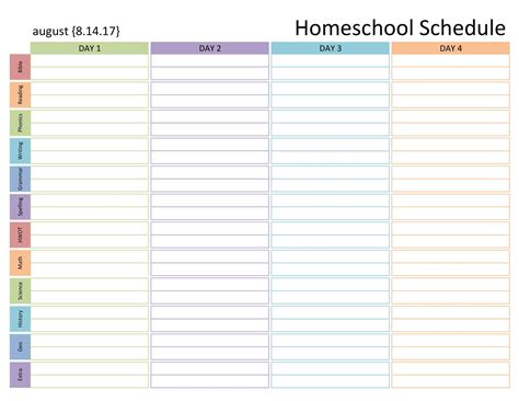 printable homeschool schedule templates  word excel