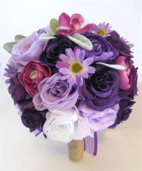 wedding flowers silk bridal bouquet 17 piece package lavender purple