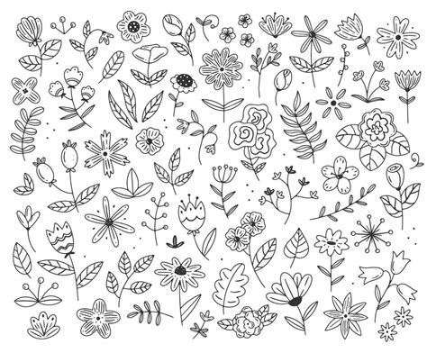 large set   flowers  plants   simple linear doodle