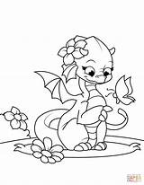 Coloring Dragon Pages Cute Girl Butterfly Playing Printable Drawing sketch template