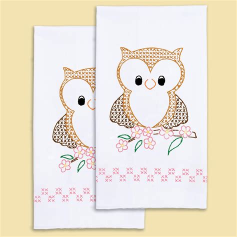 jack dempsey needle art stamped embroidery hand towels owl