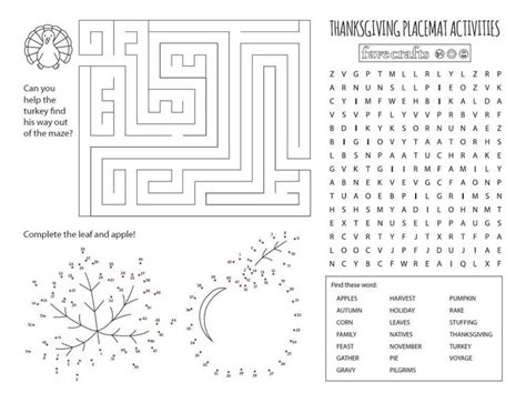 printable activity placemats  thanksgiving thanksgiving activities  kids printable