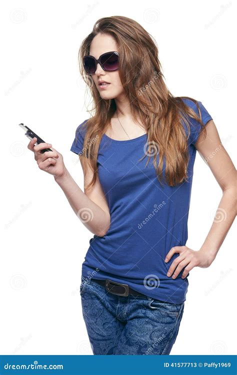 Woman In Sunglasses Dialing Her Cell Phone Stock Image Image Of Lady