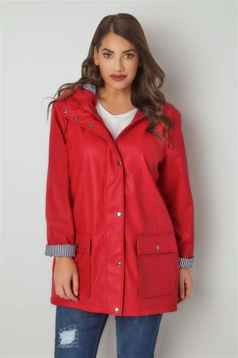 Red Coated Mac With Striped Lined Hood Plus Size 16 To 32