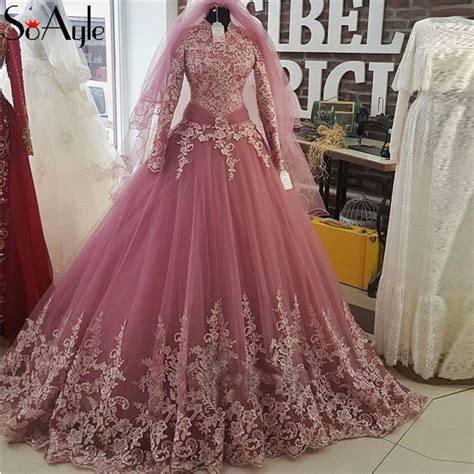 Soayle High Neck Long Sleeve Muslim Evening Dresses Ball Gown Long Lace