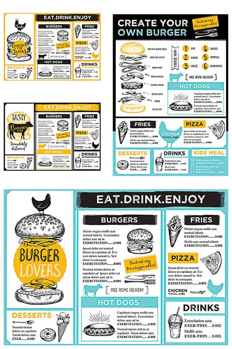restaurant burger menu modern vector set