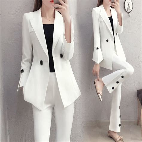 new fashion slim white pants suit temperament flared pants two piece