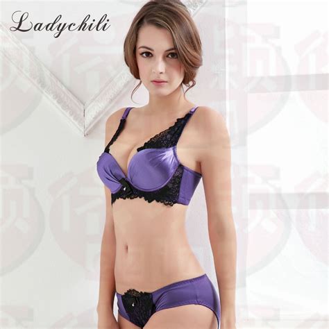 Ladychili Women Intimates Bra Set Sexy Purple Satin Bra Set Lace