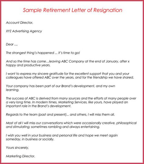 letter  resignation due  retirement sample resignation letter