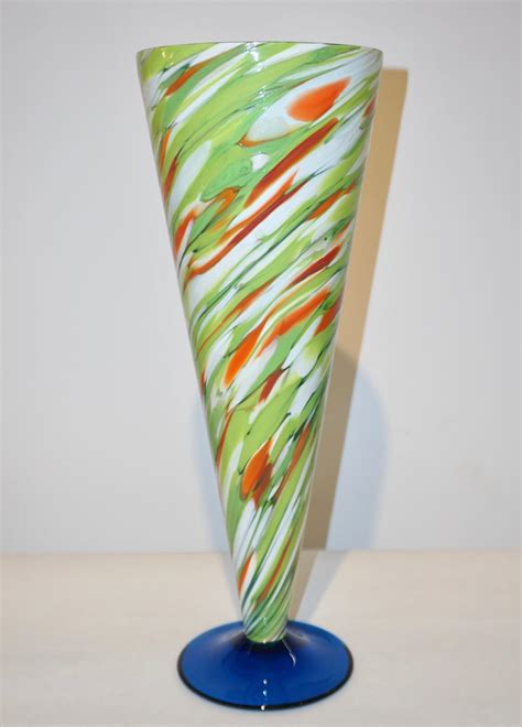 Cenedese 1970 Pair Of White Green Orange Murano Glass