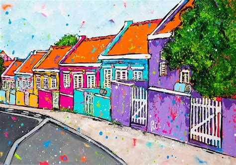 kunstwerk gekleurde huisjes curacao van vrolijk schilderij curacao schilderij huisjes