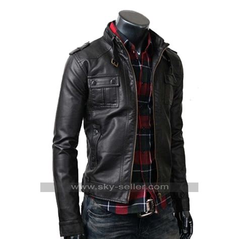 Slim Fit Mens Strap Pocket Real Black Leather Jacket