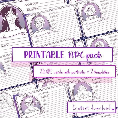 printable  npc cards  templates dnd ttrpg rp etsy