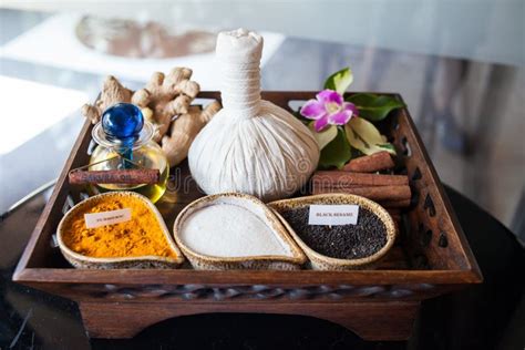 thai spa massage setting  thai herbal compress balls stock photo
