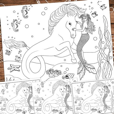 coloring page mermaid  sea horse etsy